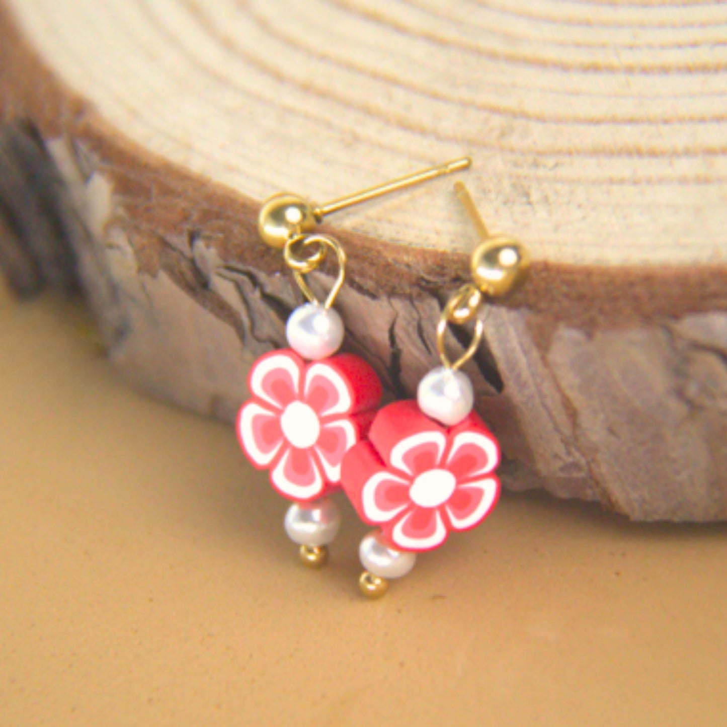 Stainless Steel Glass Pearl Earrings with Flower Bead