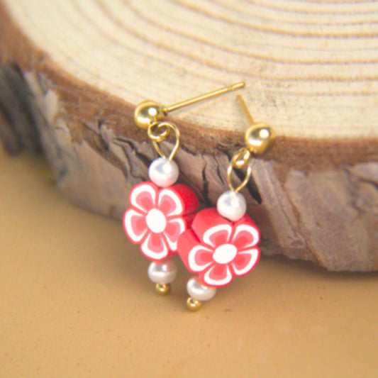 Stainless Steel Glass Pearl Earrings with Flower Bead