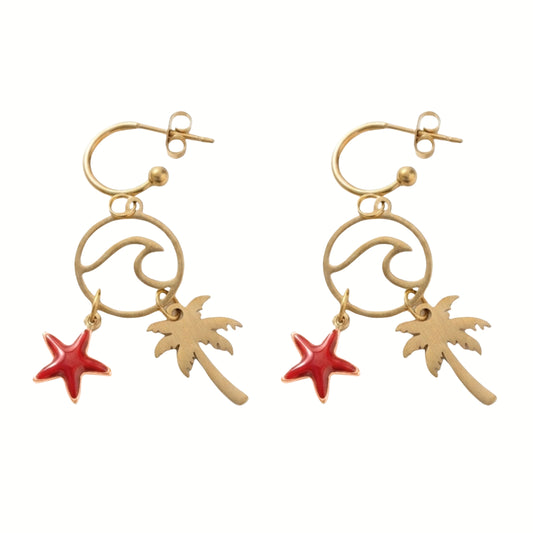 Stainless Steel Golden Sea Stars & Palm Tree Earrings