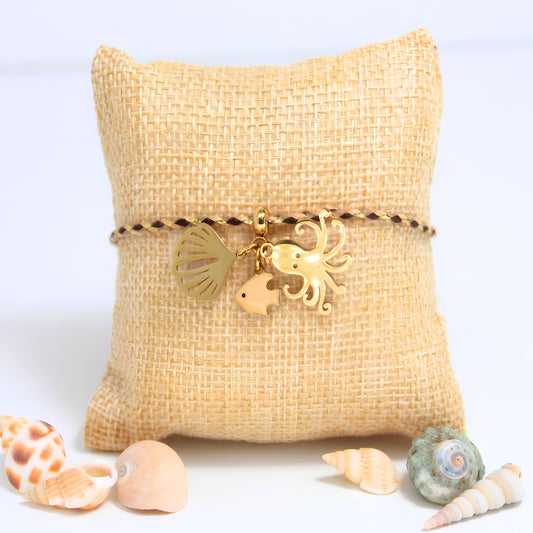 7 Inch Adjustable Nylon Cord Bracelet Brown, Beige & Gold with Sea Life Charms