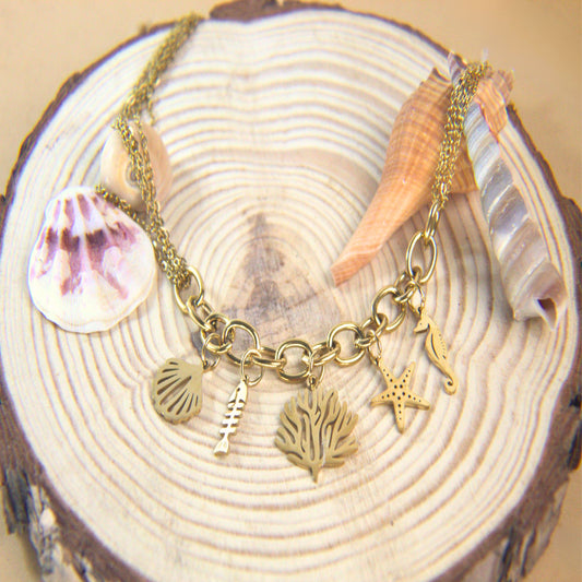 17.5in Triple Chain Golden Necklace with Big Chain Links and Golden Sea Life Charm Assortment