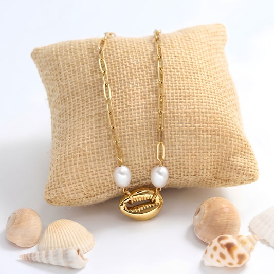 17.5in Golden Chain Necklace with Glass Pearls and Cowrie Shell