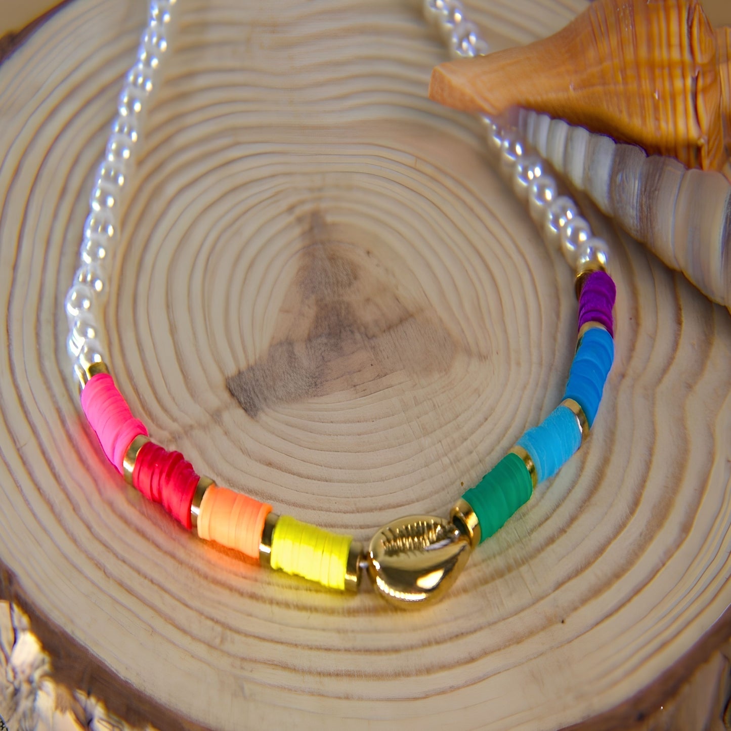 17.5in Adjustable Glass Pearl and Colorfull Fimo Beads Necklace with Cowrie Shell Connector
