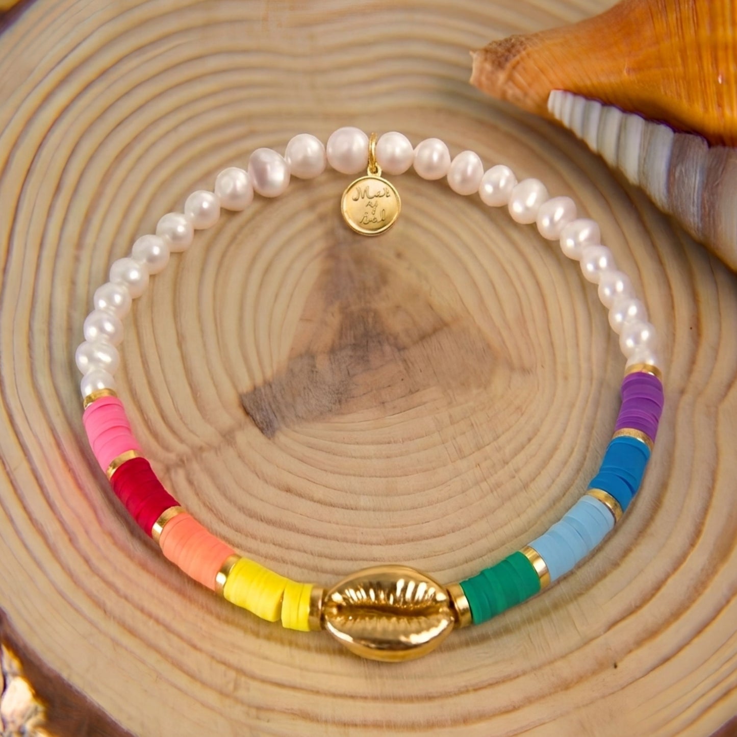 7 Inch Adjustable Glass Pearl and Colorfull Fimo Beads Bracelet with Cowrie Shell