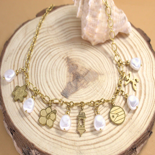17.5in Golden Chain Necklace with Glass Pearls and Puerto Rico Charms