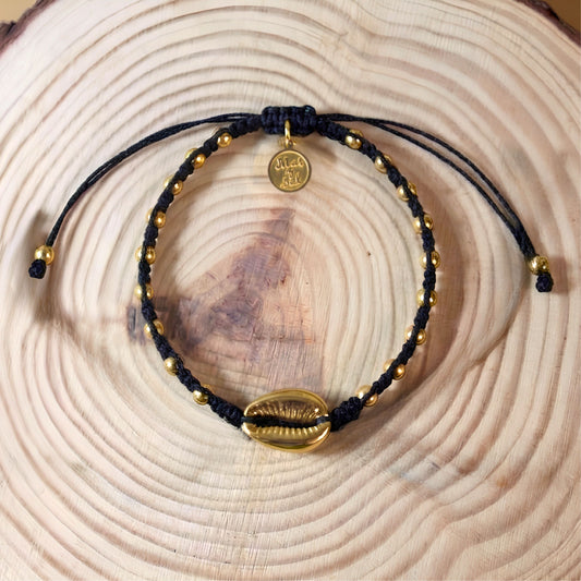 7 Inch Black Adjustable Braided Bracelet with Golden Beads & Golden Cowrie Shell