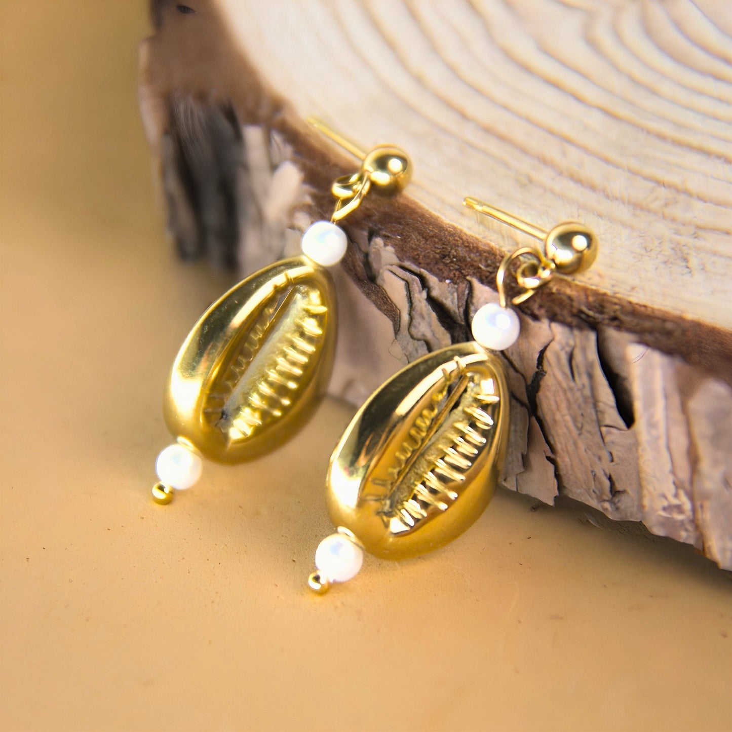 Stainless Steel Golden Earrings with Cowrie Shell and Glass Pearls