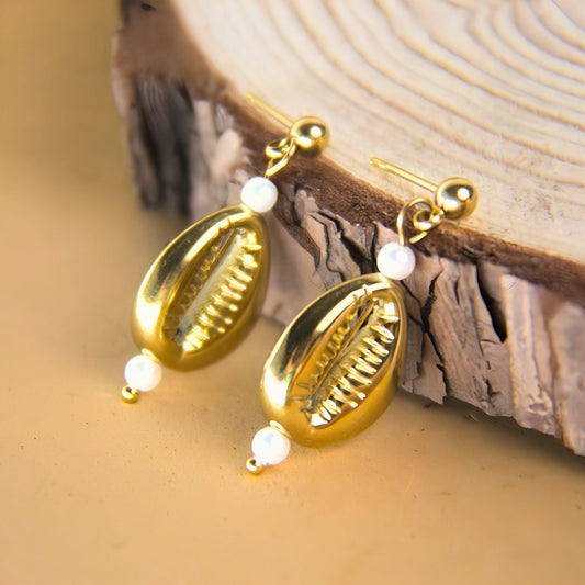 Stainless Steel Golden Earrings with Cowrie Shell and Glass Pearls