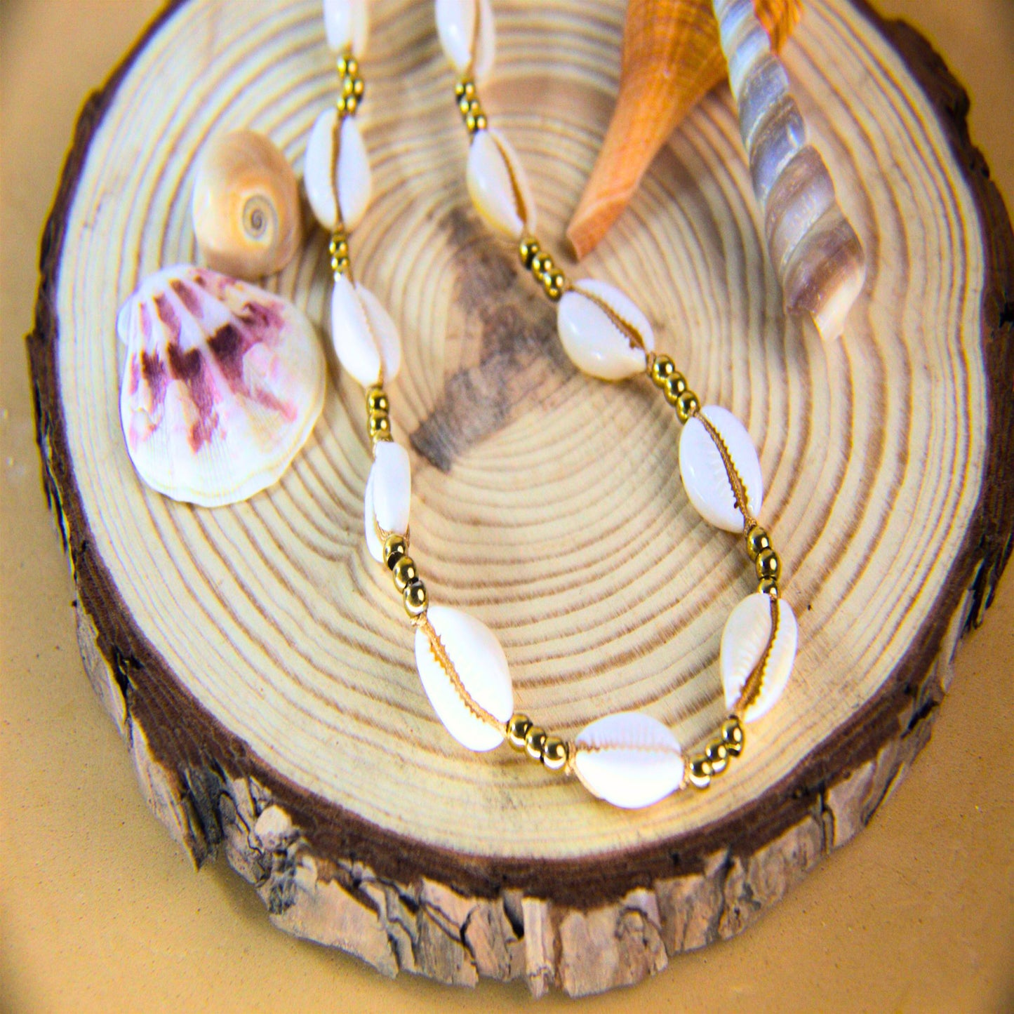 17.5in Adjustable Necklace with Stainless Steel Beads and White Cowrie Shells