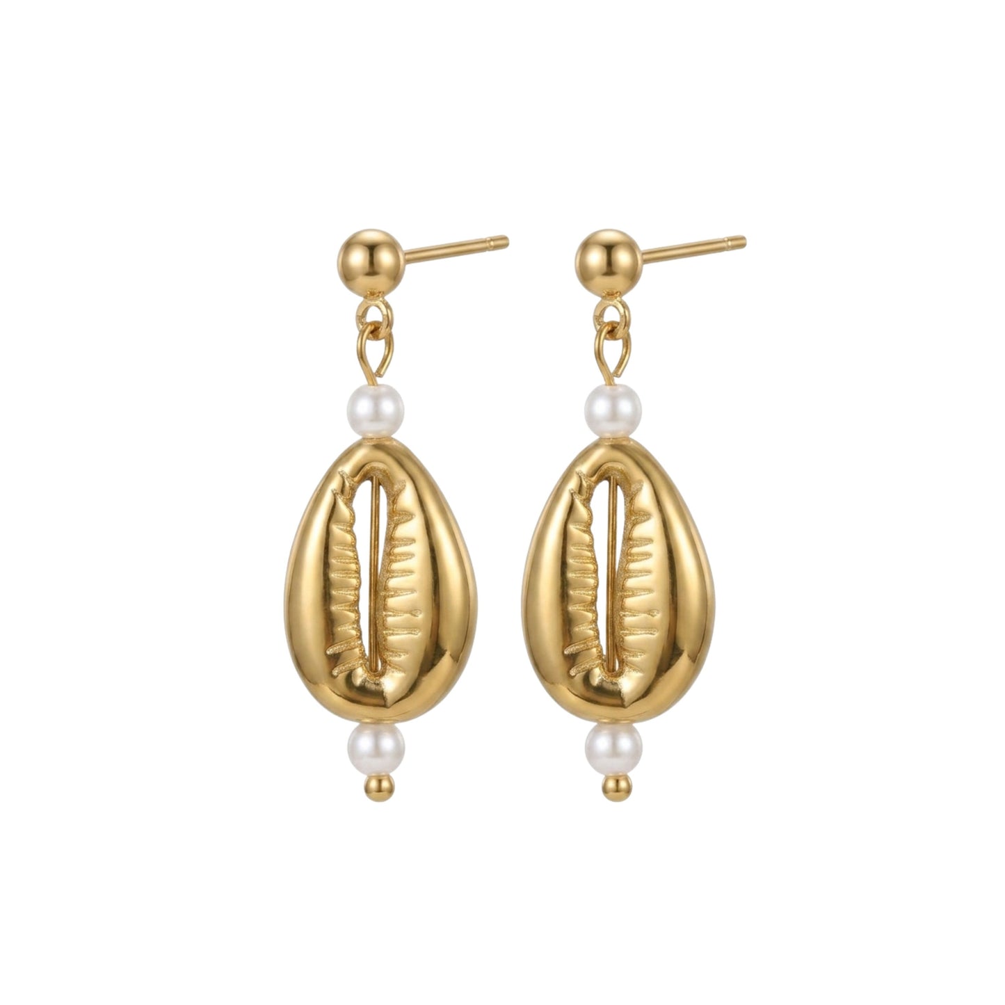 Stainless Steel Golden Earrings with Cowrie Shell and Glass Pearls