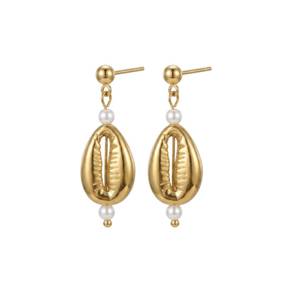 Stainless Steel Golden Earrings with Cowrie Shell and Glass Pearls