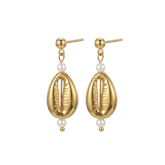 Stainless Steel Golden Earrings with Cowrie Shell and Glass Pearls