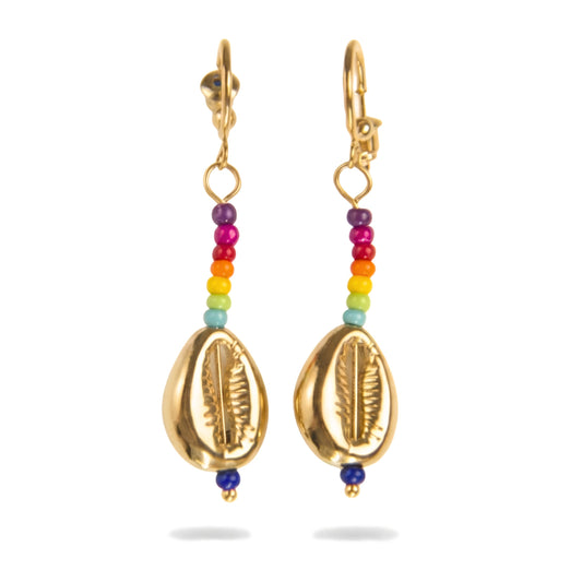 Stainless Steel Cowrie Shell Earrings with Seed Beads