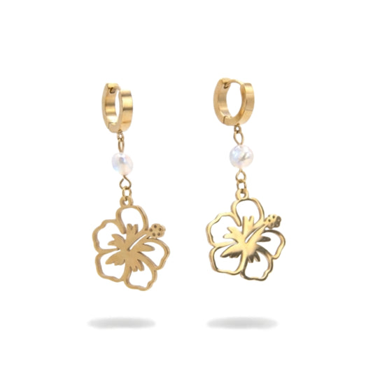 Stainless Steel Golden Earrings with Glass Pearls & Amapola Charms
