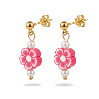 Stainless Steel Glass Pearl Earrings with Flower Bead