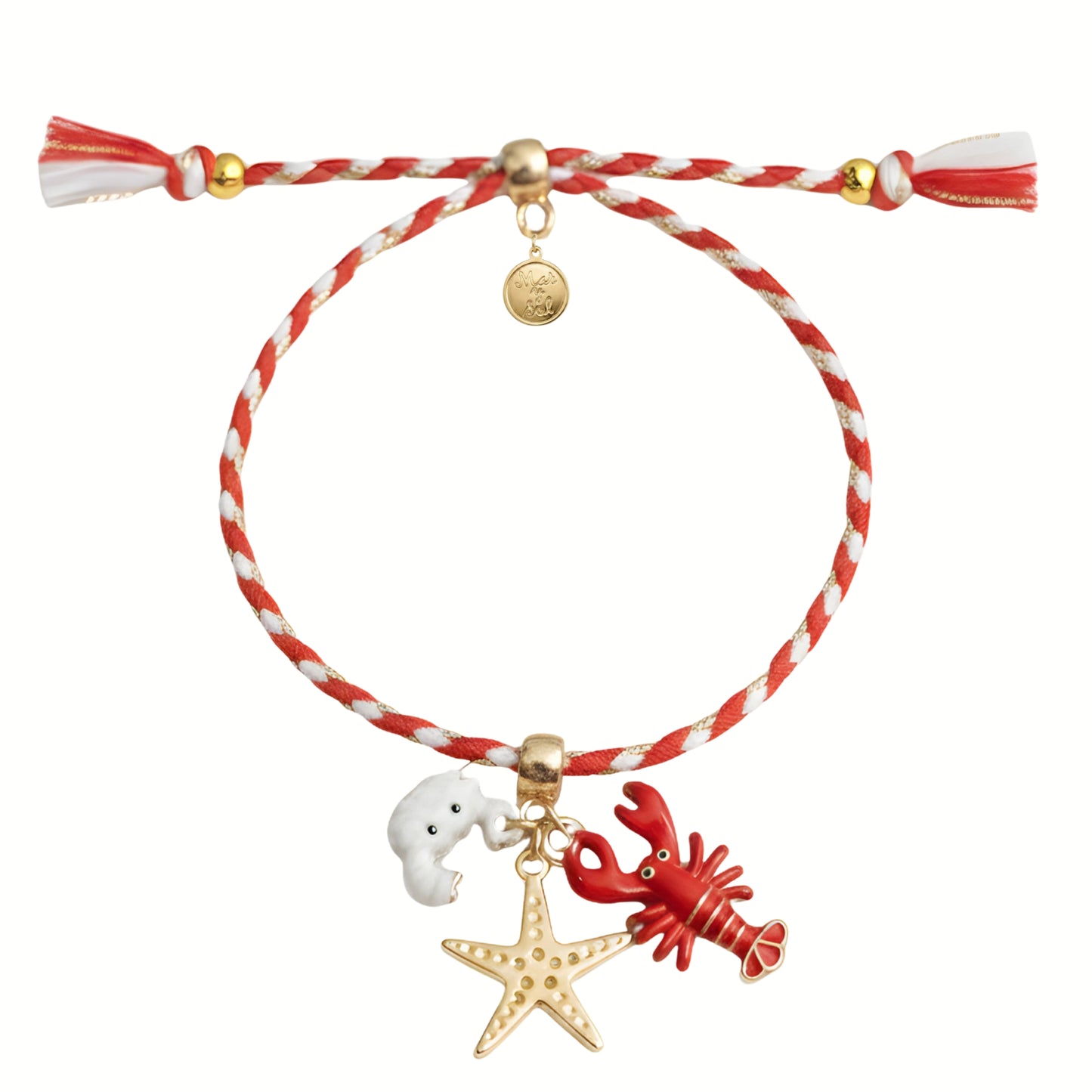 7 Inch Adjustable Nylon Cord Bracelet Red, White & Gold with Sea Life Charms