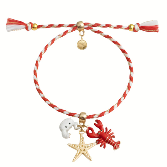7 Inch Adjustable Nylon Cord Bracelet Red, White & Gold with Sea Life Charms