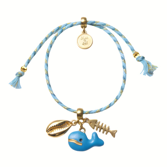 7 Inch Adjustable Nylon Cord Bracelet Blue & Gold with Sea Life Charms