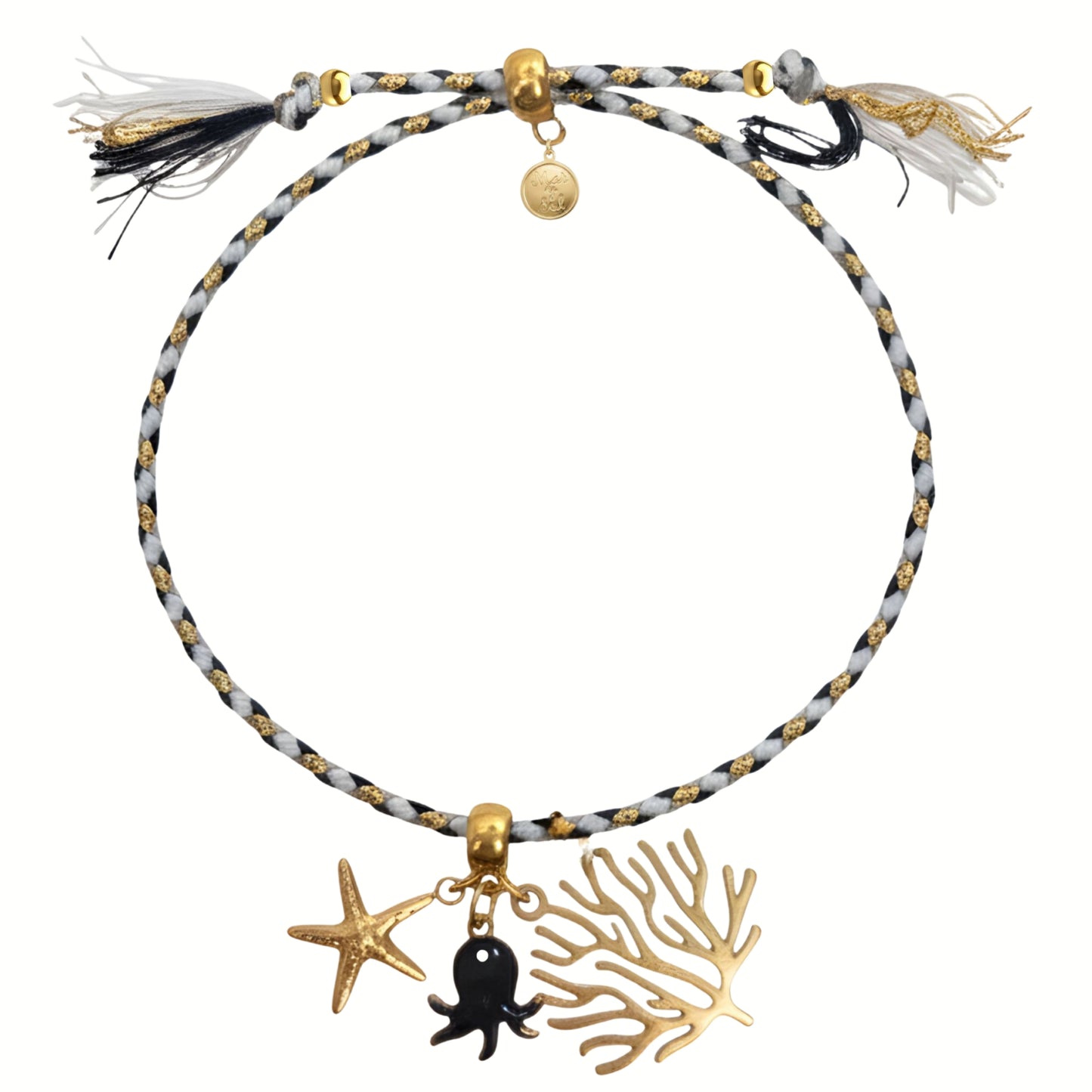 7 Inch Adjustable Nylon Cord Bracelet White, Black & Gold with Sea Life Charms