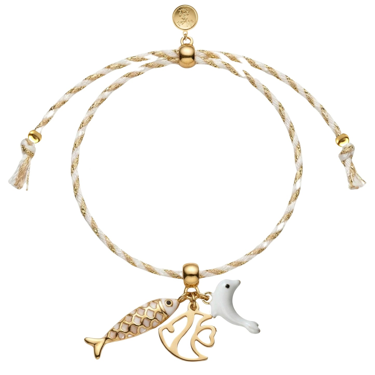 7 Inch Adjustable Nylon Cord Bracelet White & Gold with Sea Life Charms