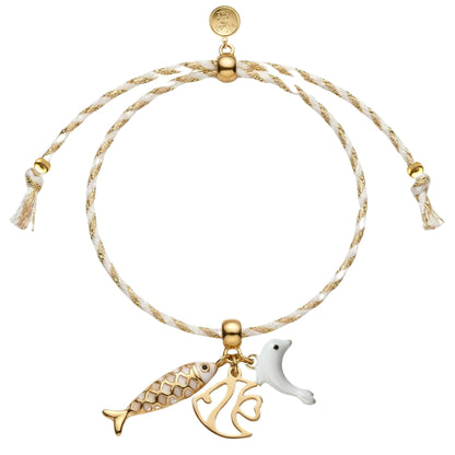 7 Inch Adjustable Nylon Cord Bracelet White & Gold with Sea Life Charms