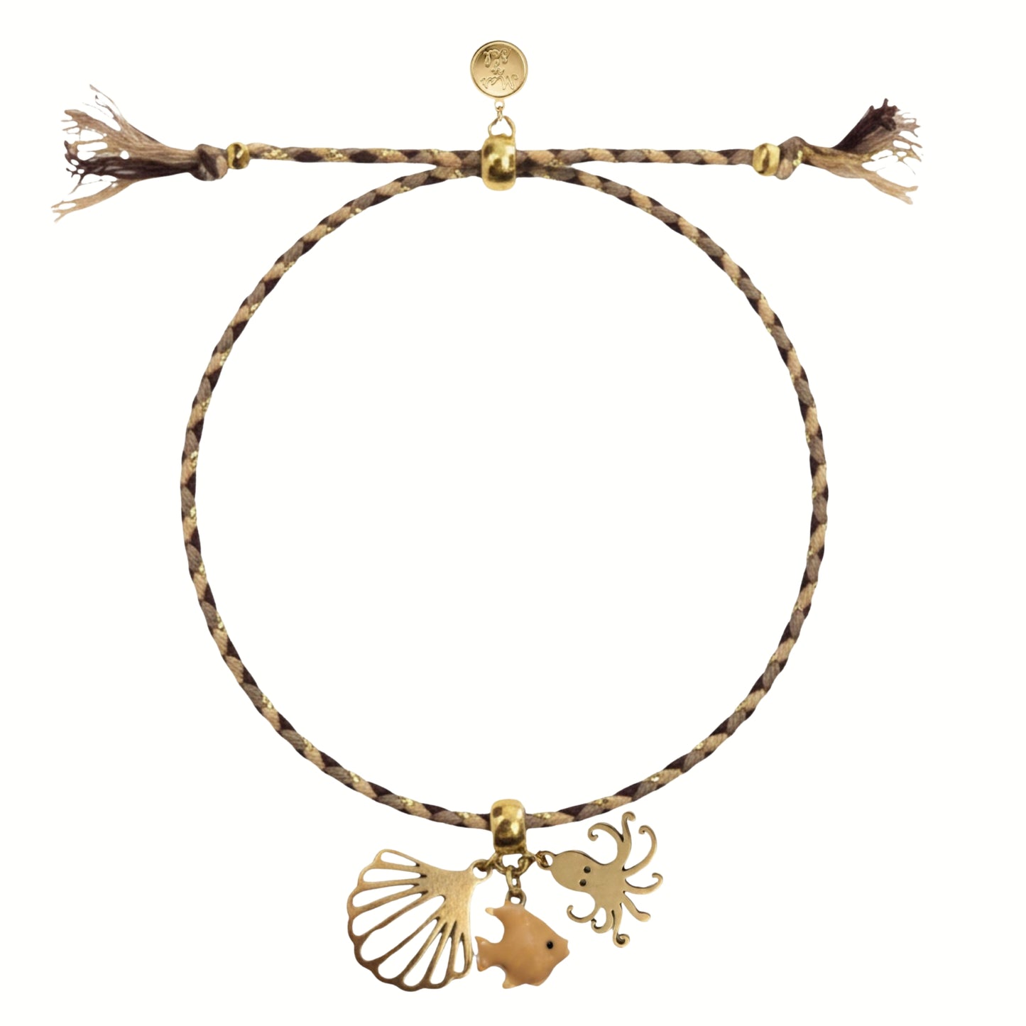 7 Inch Adjustable Nylon Cord Bracelet Brown, Beige & Gold with Sea Life Charms