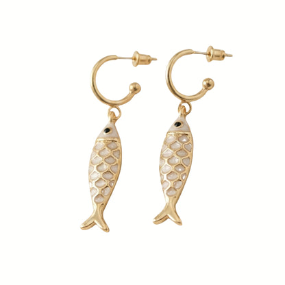 Stainless Steel Fish White & Golden Earrings