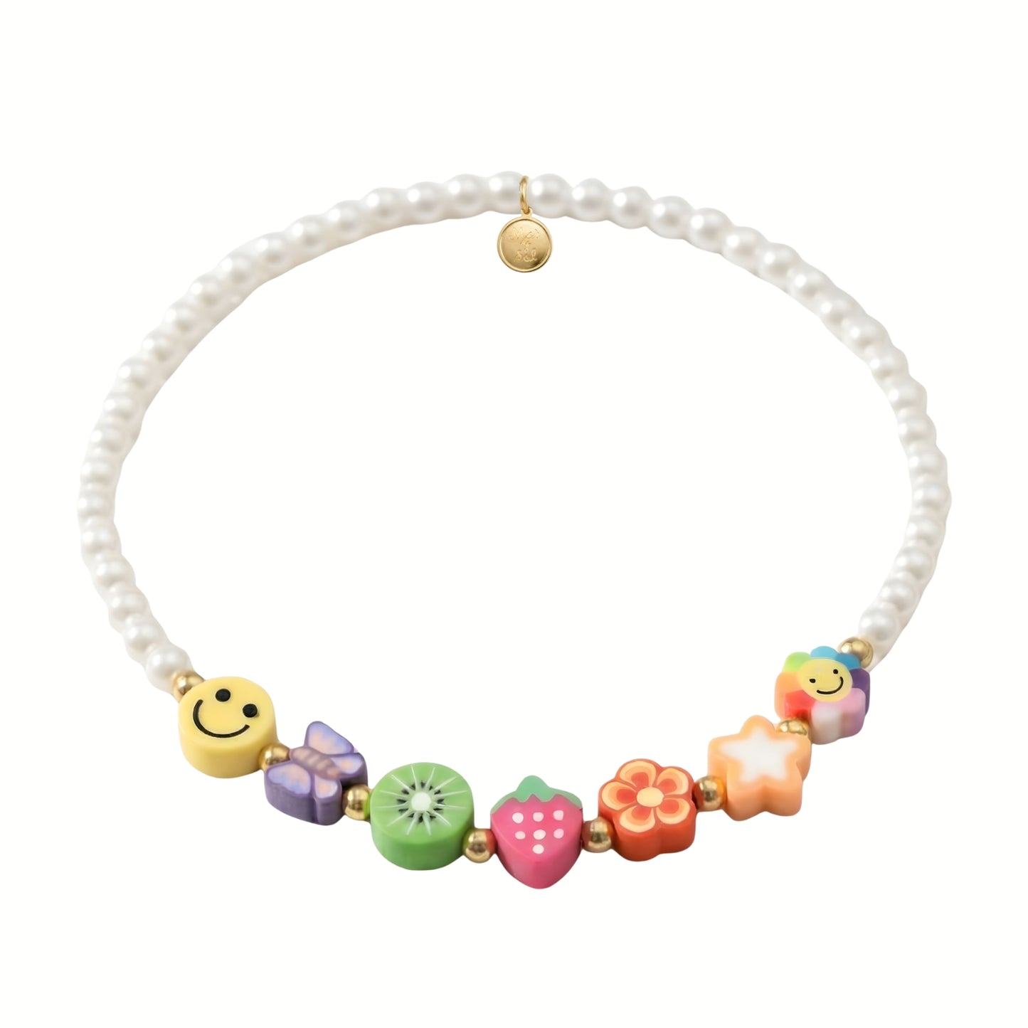 7 Inch Elastic Pearl Bracelet with Stainless Steel and Fimo Beads Assorted Designs