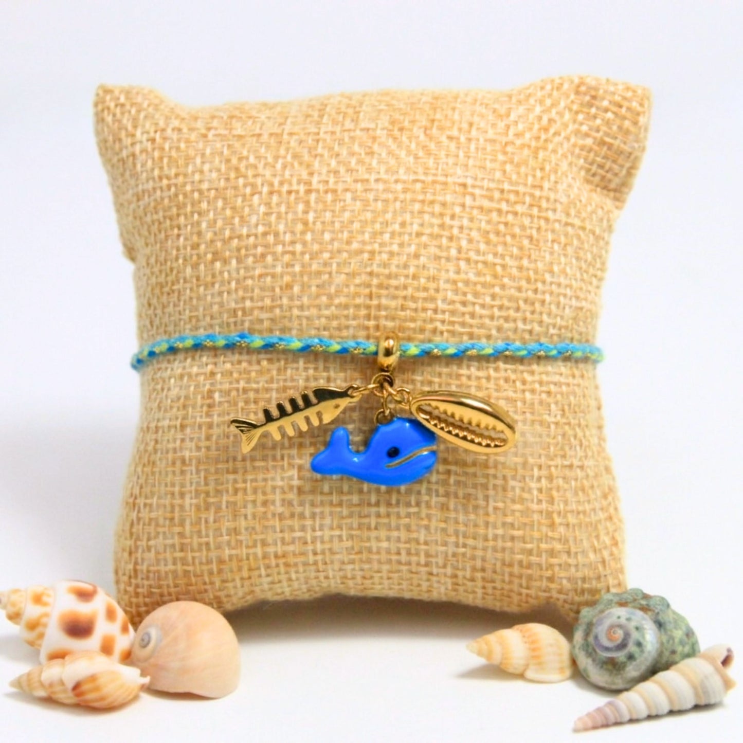 7 Inch Adjustable Nylon Cord Bracelet Blue & Gold with Sea Life Charms
