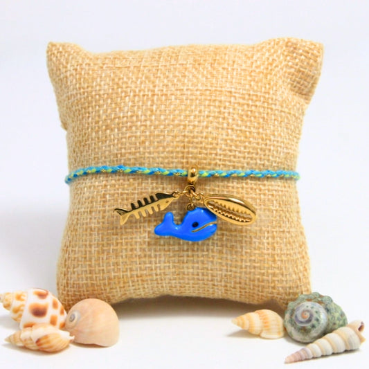 7 Inch Adjustable Nylon Cord Bracelet Blue & Gold with Sea Life Charms