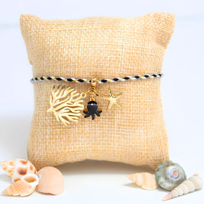7 Inch Adjustable Nylon Cord Bracelet White, Black & Gold with Sea Life Charms