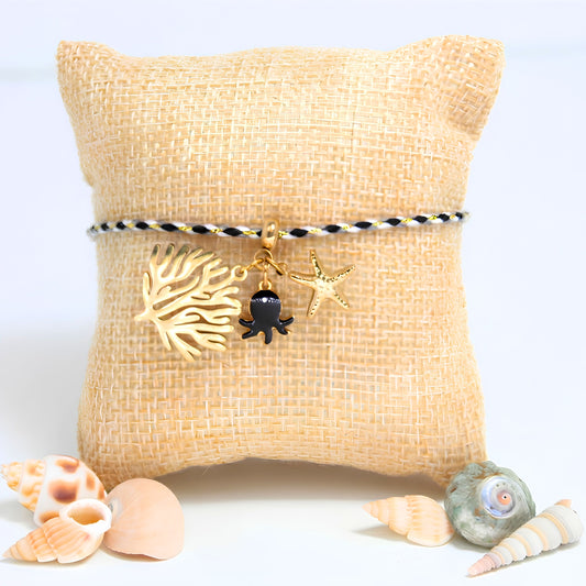7 Inch Adjustable Nylon Cord Bracelet White, Black & Gold with Sea Life Charms