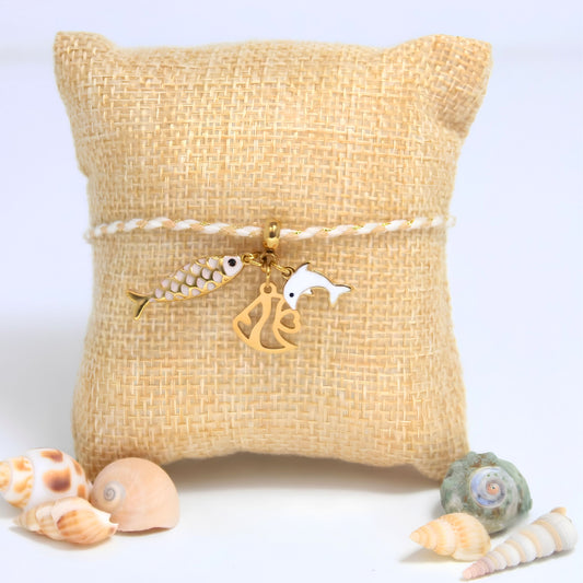 7 Inch Adjustable Nylon Cord Bracelet White & Gold with Sea Life Charms