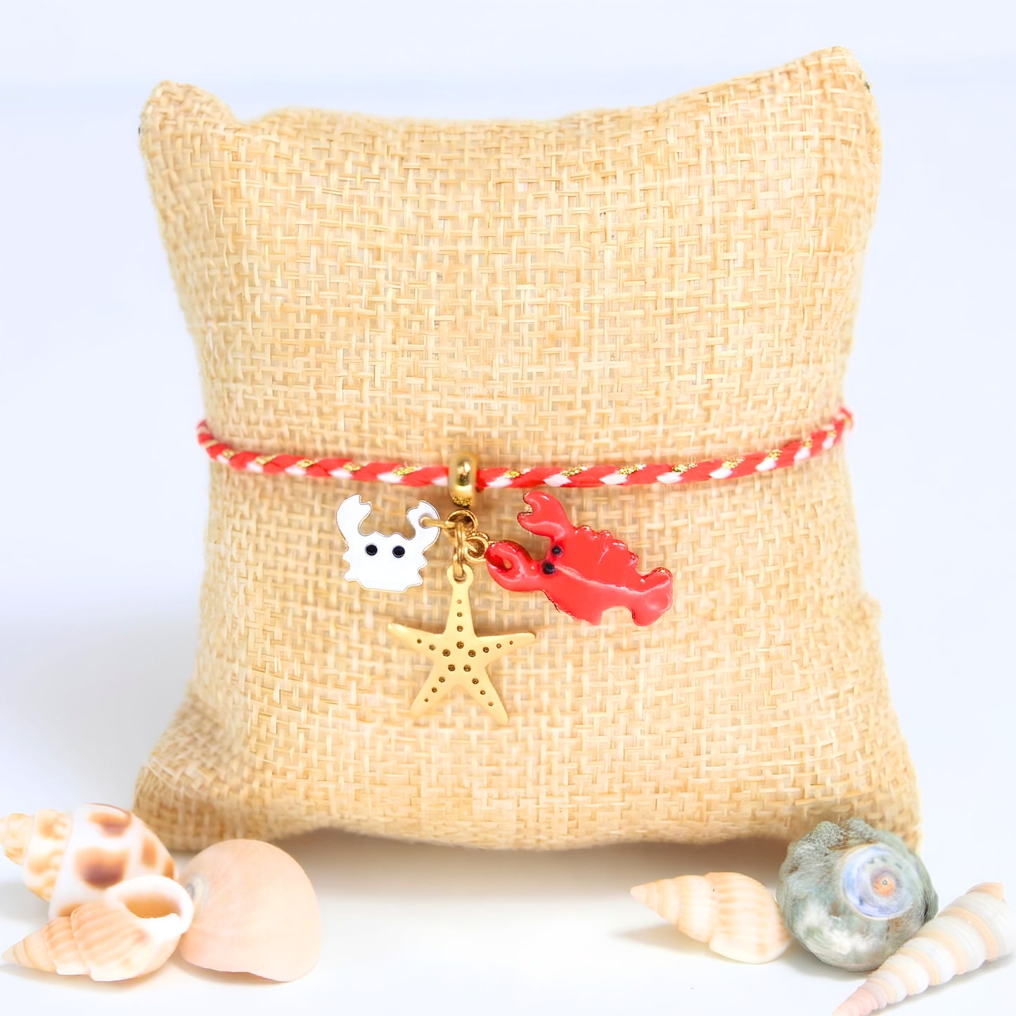 7 Inch Adjustable Nylon Cord Bracelet Red, White & Gold with Sea Life Charms