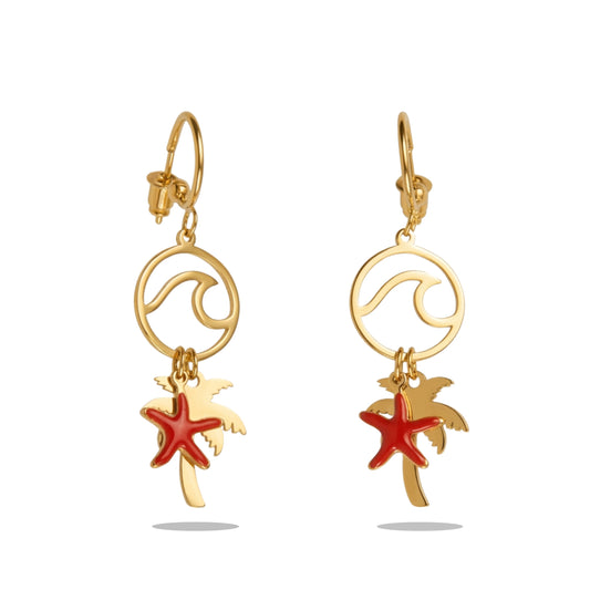 Stainless Steel Golden Sea Stars & Palm Tree Earrings