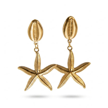 Sea Life Golden Earrings with Sea Star and Cowrie Shell
