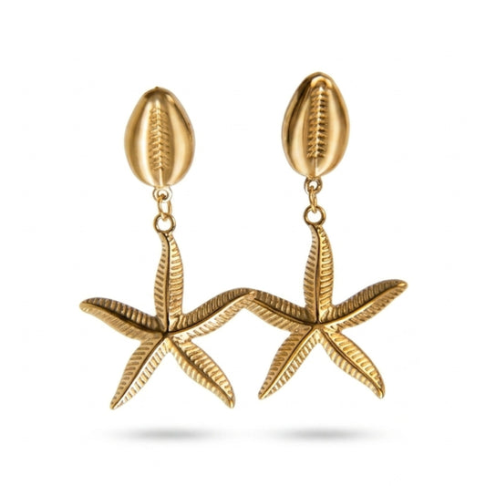 Sea Life Golden Earrings with Sea Star and Cowrie Shell