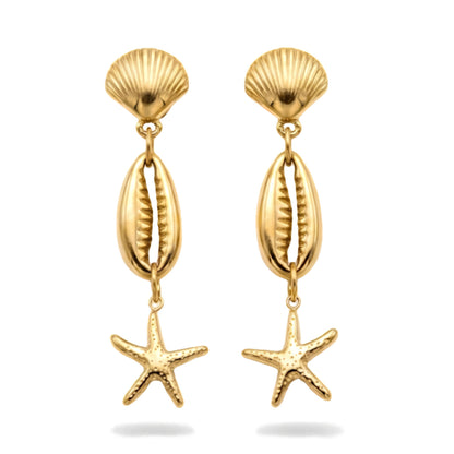Sea Life Golden Earrings with Sea Shell Base, Cowrie Shell & Sea Star Charm