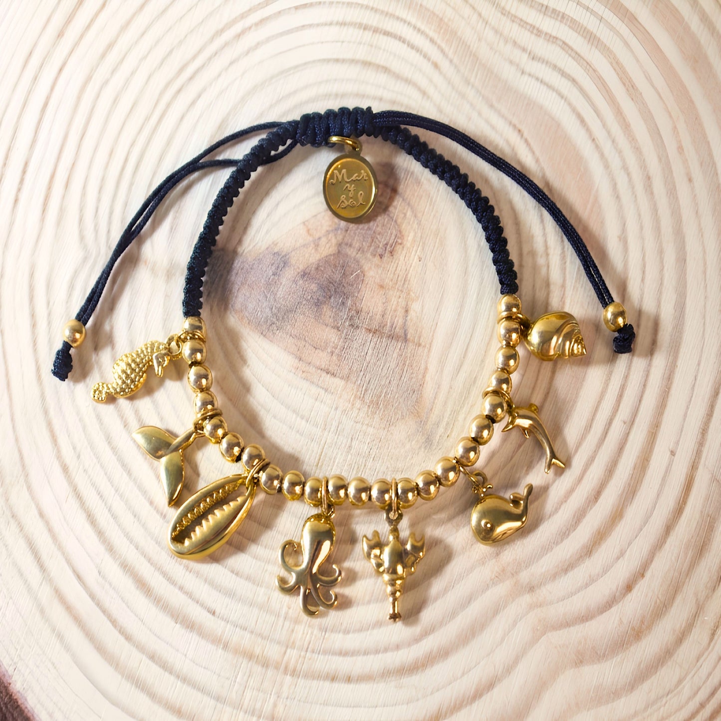 7 Inch Black Adjustable Braided Bracelet with Golden Sea Life Charms