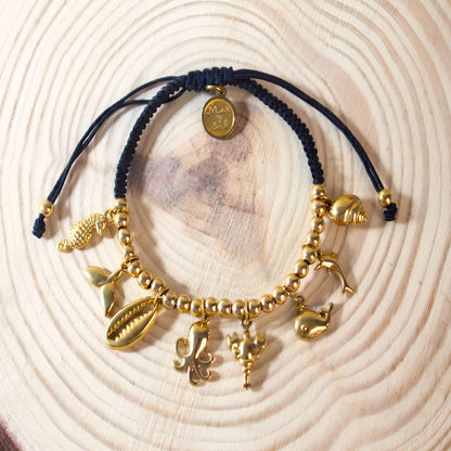 7 Inch Black Adjustable Braided Bracelet with Golden Sea Life Charms