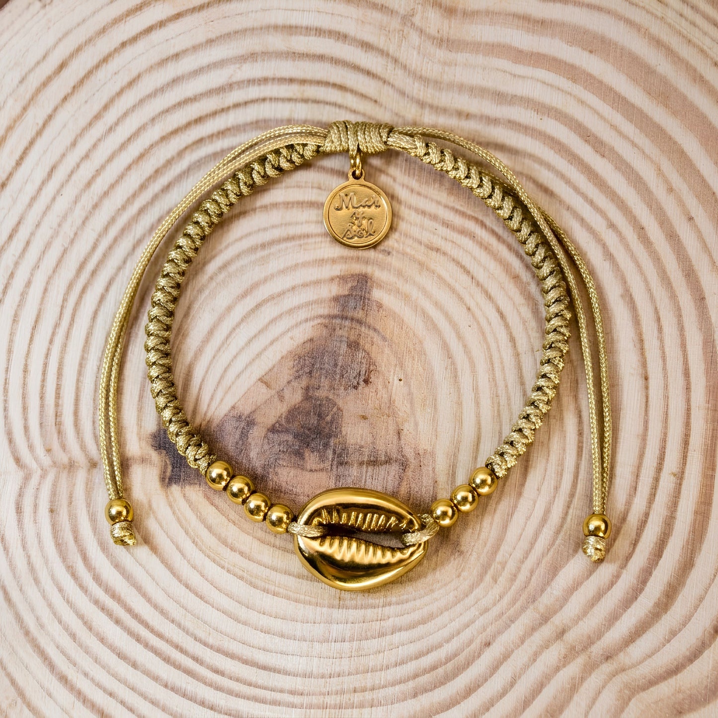 7 Inch Brown Adjustable Braided Bracelet with Golden Cowrie Shell