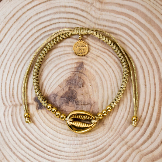 7 Inch Brown Adjustable Braided Bracelet with Golden Cowrie Shell