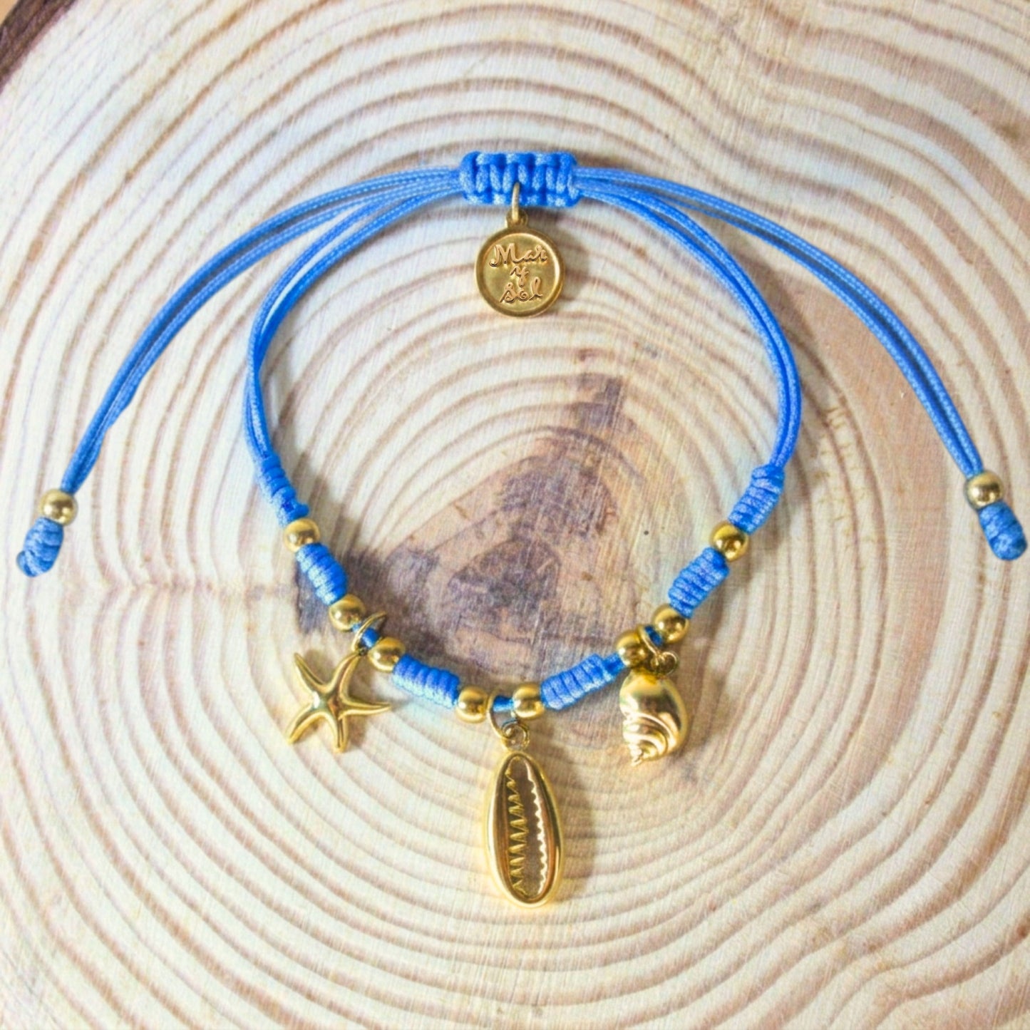 7 Inch Blue Adjustable Braided Bracelet with Golden Beads & Sea Life Charms