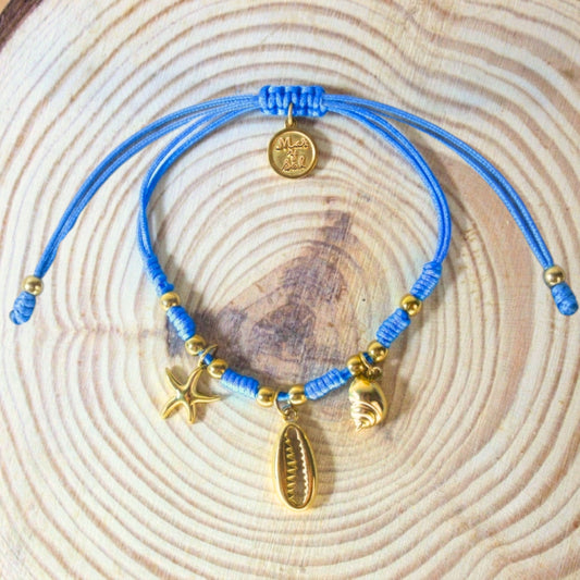 7 Inch Blue Adjustable Braided Bracelet with Golden Beads & Sea Life Charms
