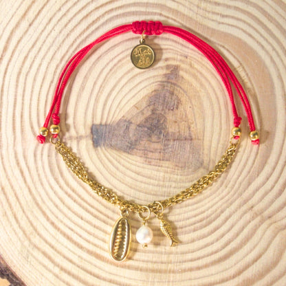 7 Inch Red Adjustable Braided Bracelet with Stainless Steel Golden Triple Chain, Sea Life Charms and Glass Pearl