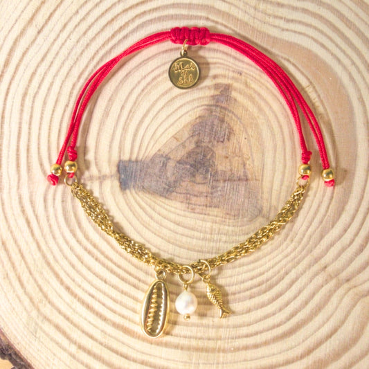 7 Inch Red Adjustable Braided Bracelet with Stainless Steel Golden Triple Chain, Sea Life Charms and Glass Pearl