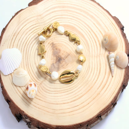 7 Inch Golden Bracelet with Sea Life Connectors and Glass Pearls
