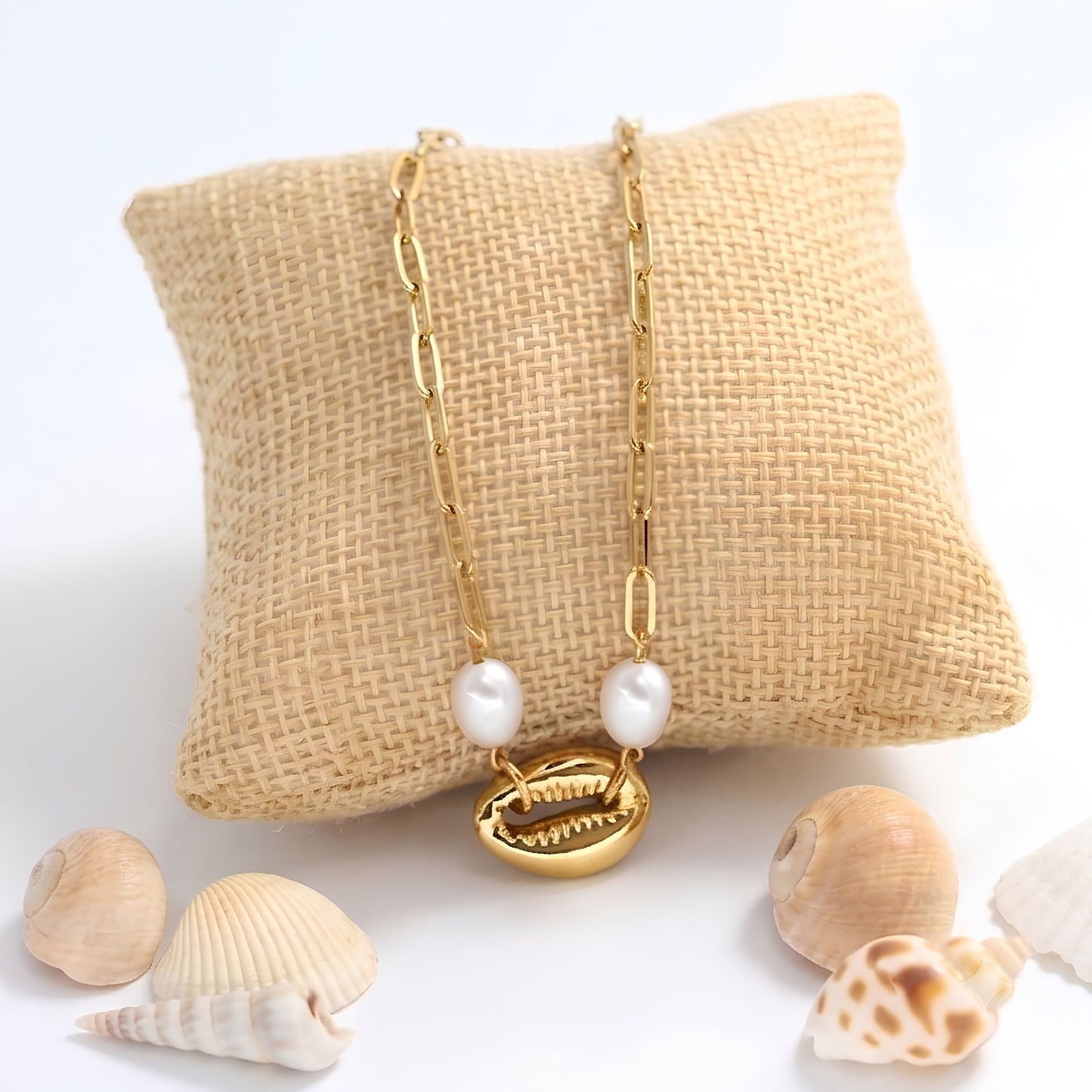 17.5in Golden Chain Necklace with Glass Pearls and Cowrie Shell