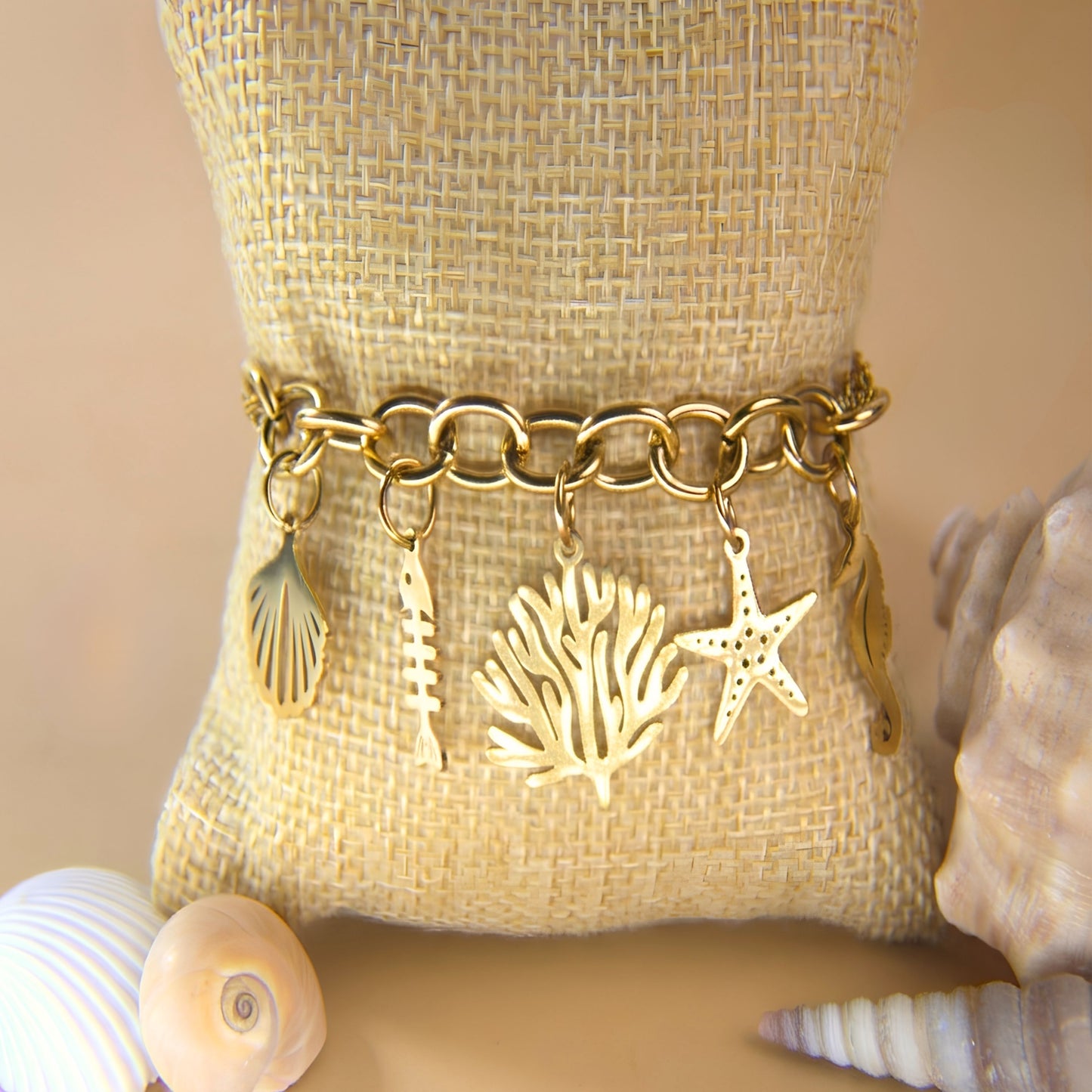7 Inch Triple Chain Golden Bracelet with Big Chain Links and Golden Sea Life Charm Assortment