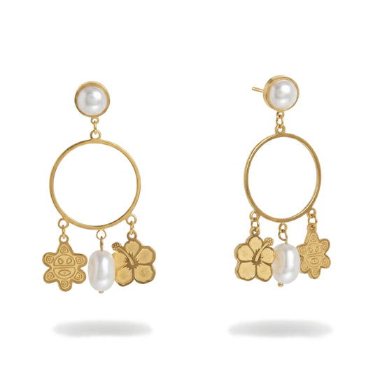 Stainless Steel Golden Round Earrings with Glass Pearls and Puerto Rico Charms